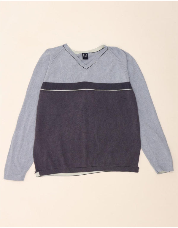 Gap Mens V-Neck Jumper Sweater Medium Blue Colourblock Cotton