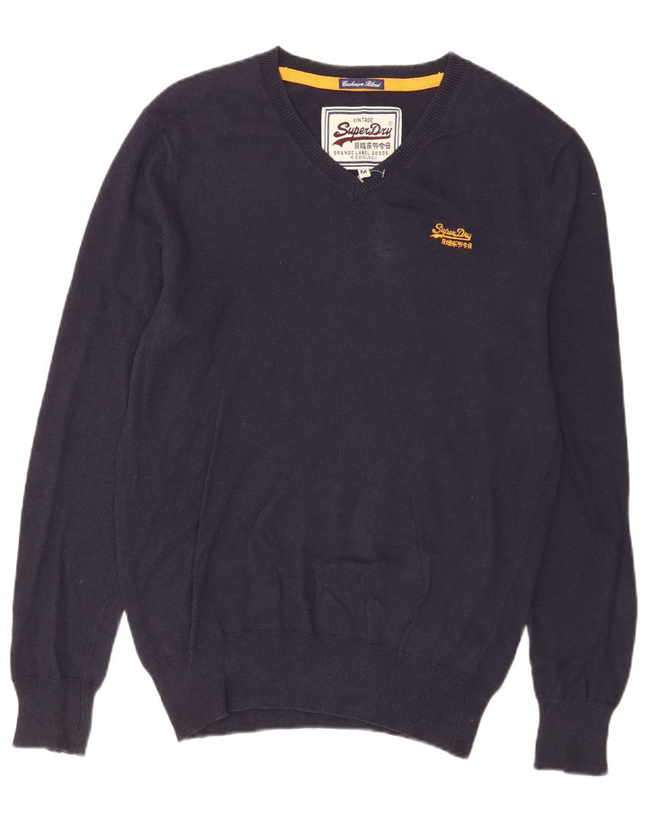 Superdry Mens V-Neck Jumper Sweater Medium Navy Blue Cotton