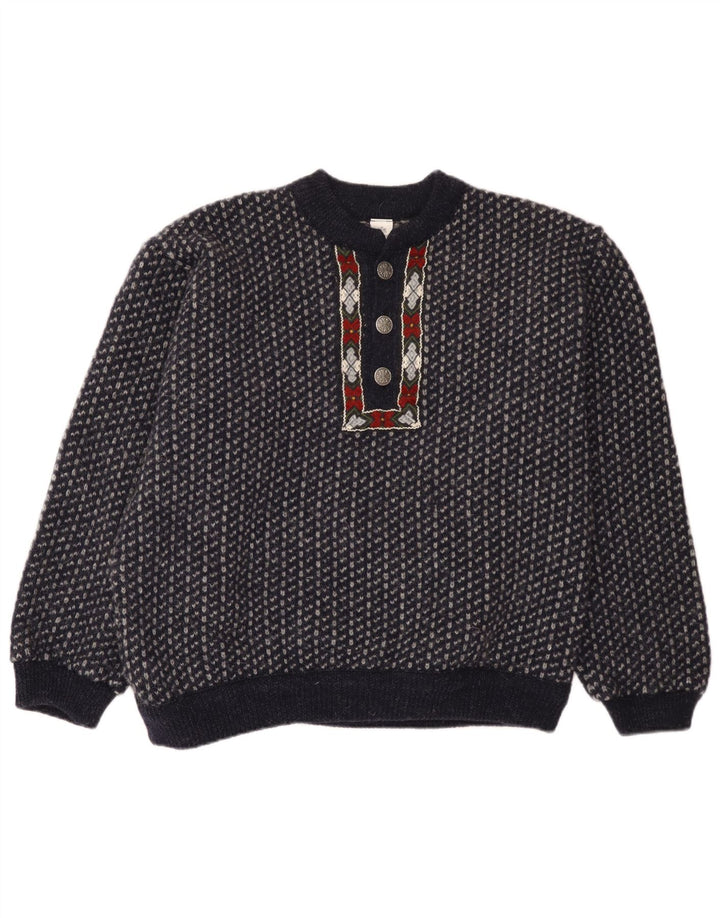 Walbusch Mens Button Neck Jumper Sweater EU 52 Large Navy Blue Geometric