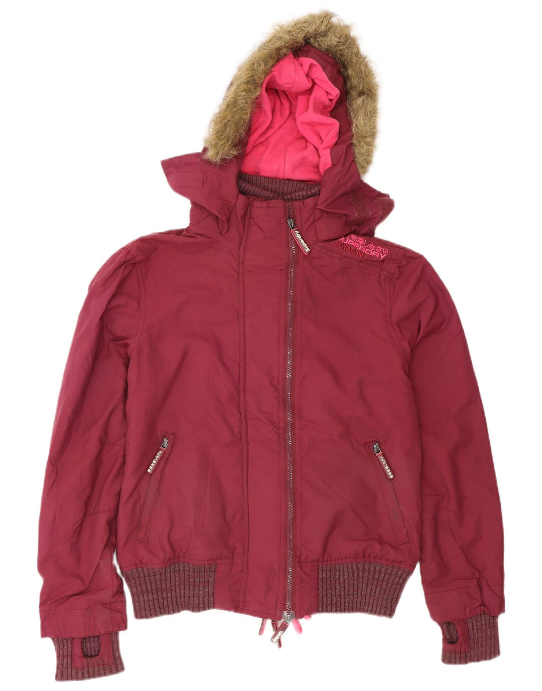 Superdry Womens Hooded Bomber Jacket UK 14 Medium Burgundy Polyester
