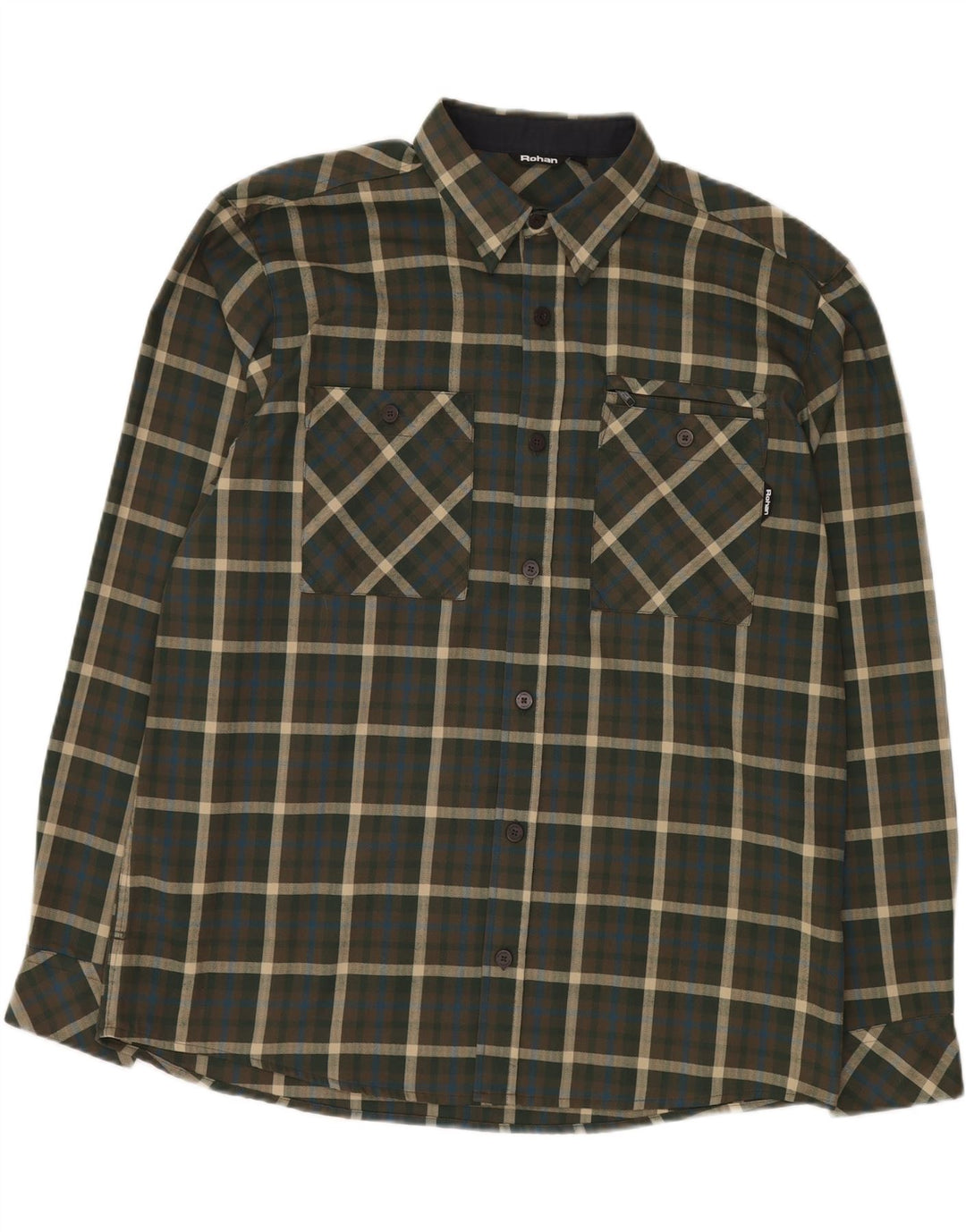 ROHAN Mens Flannel Shirt Large Khaki Plaid Polyester