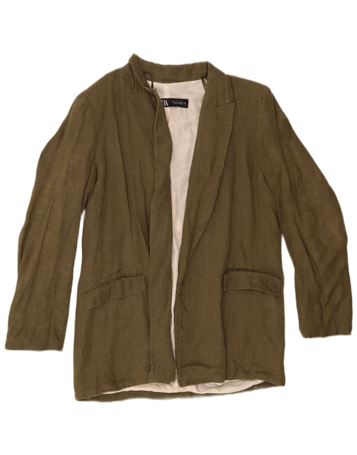 Zara Womens Open Blazer Jacket UK 16 Large Khaki Linen