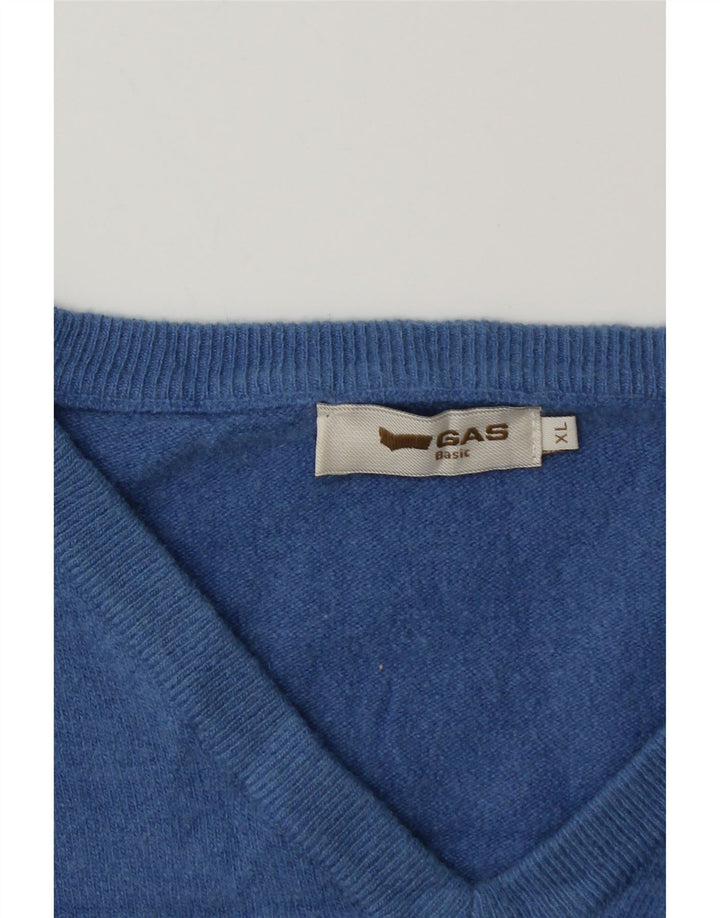 GAS Mens V-Neck Jumper Sweater XL Blue Wool
