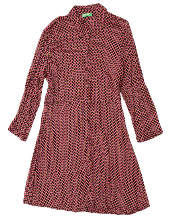 Benetton Womens Long Sleeve Shirt Dress UK 14 Large Red Geometric Viscose