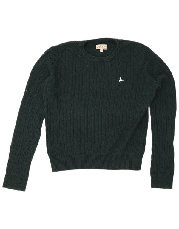JACK WILLS Womens Crop Crew Neck Jumper Sweater UK 12 Medium Green Wool