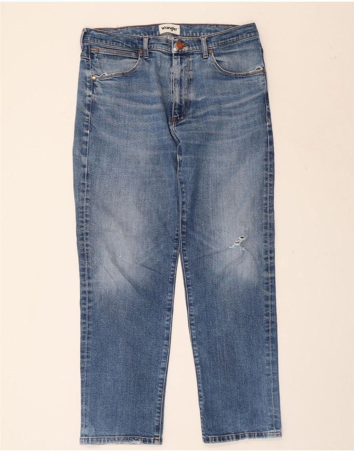 WRANGLER Mens Distressed Straight Jeans W34 L30 Blue Cotton