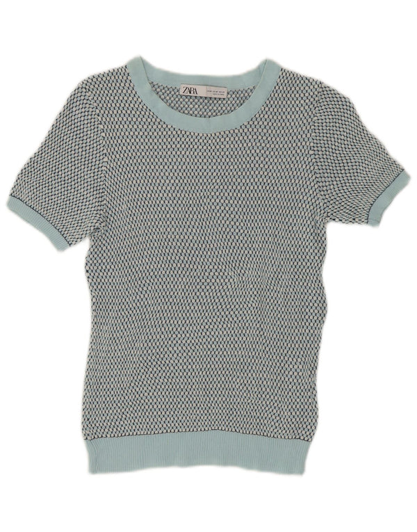 Zara Womens Crop Crew Neck Jumper Sweater UK 12 Medium Green Spotted