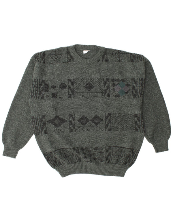 Vintage Mens Loose Fit Crew Neck Jumper Sweater IT 52 Large Grey Geometric