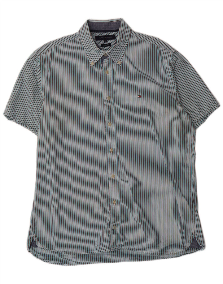 TOMMY HILFIGER Mens Custom Fit Short Sleeve Shirt Large Blue Striped