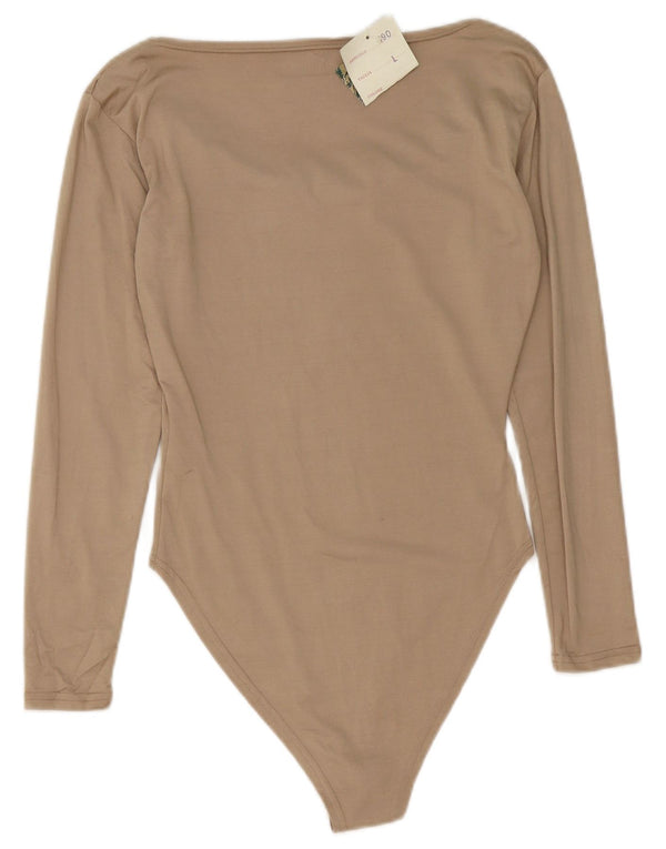 Vintage Womens Long Sleeve Bodysuit UK 14 Large Beige Viscose