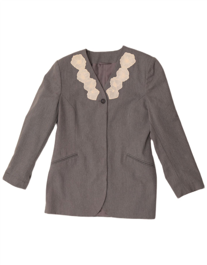 Vintage Womens 1 Button Blazer Jacket UK 12 Medium Grey Floral Polyester