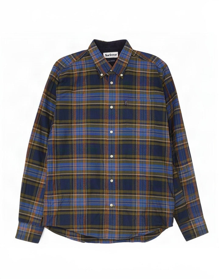Barbour Mens Tailored Fit Flannel Shirt Medium Navy Blue Check Cotton