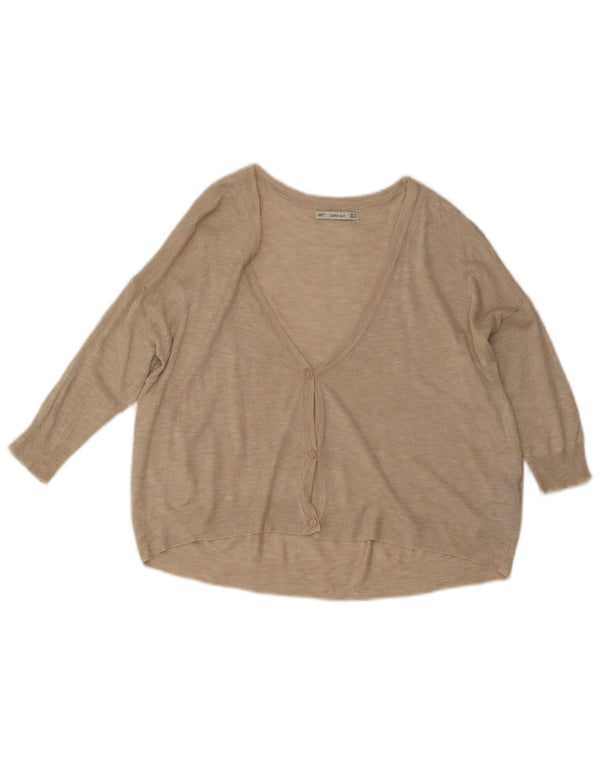 Zara Womens 3/4 Sleeve Cardigan Sweater UK 14 Medium Beige Viscose