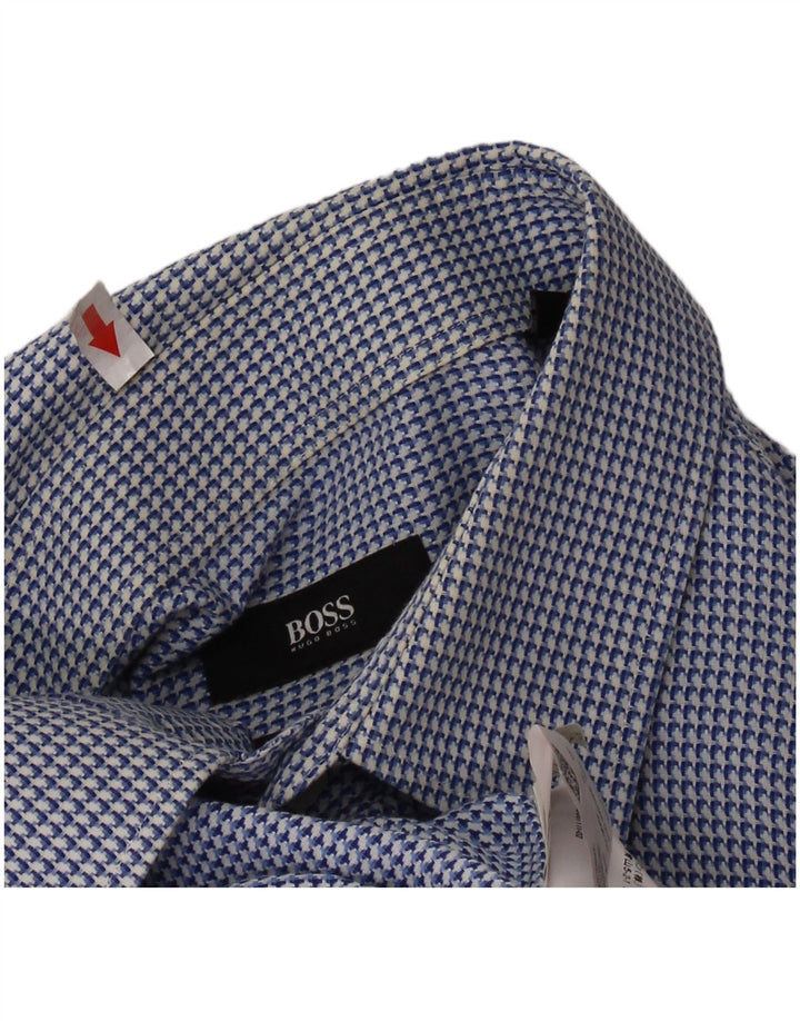 HUGO BOSS Mens Regular Fit Shirt Size 44 17 1/2 XL Blue Houndstooth Cotton