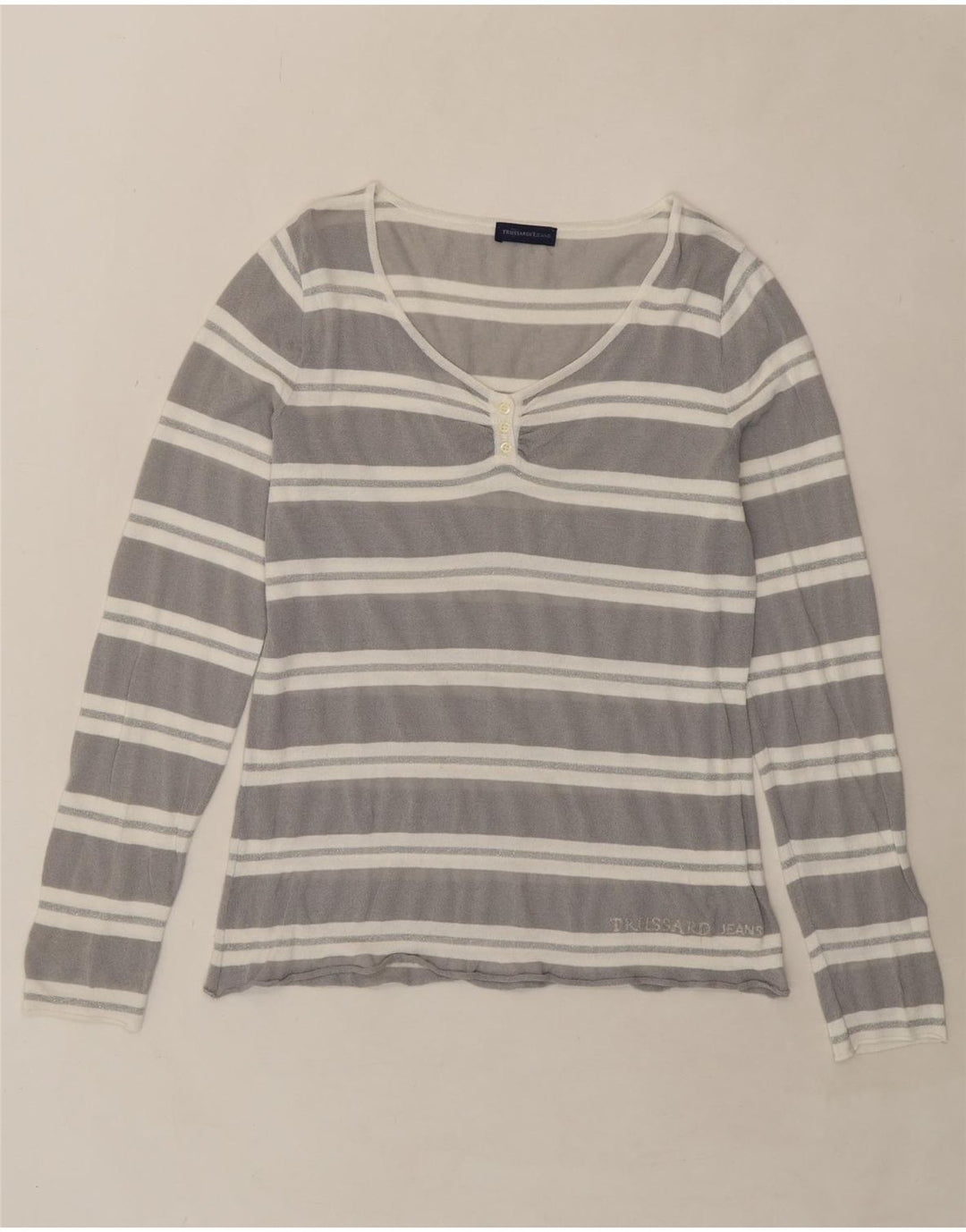 TRUSSARDI JEANS Womens Top Long Sleeve UK 14 Medium Grey Striped Vintage Trussardi Jeans and Second-Hand Trussardi Jeans from Messina Hembry 
