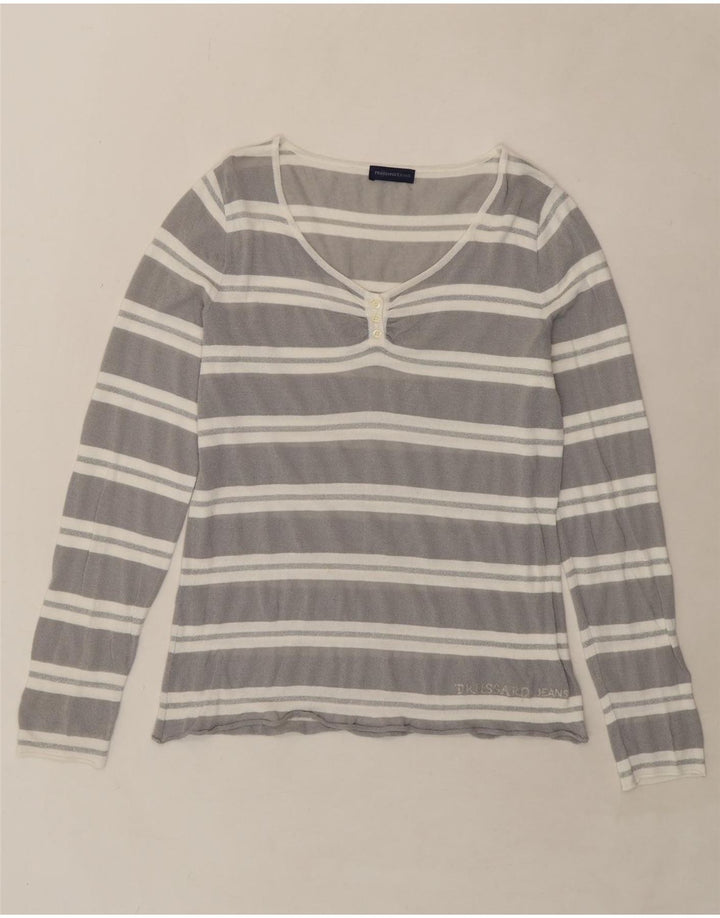 TRUSSARDI JEANS Womens Top Long Sleeve UK 14 Medium Grey Striped Vintage Trussardi Jeans and Second-Hand Trussardi Jeans from Messina Hembry 