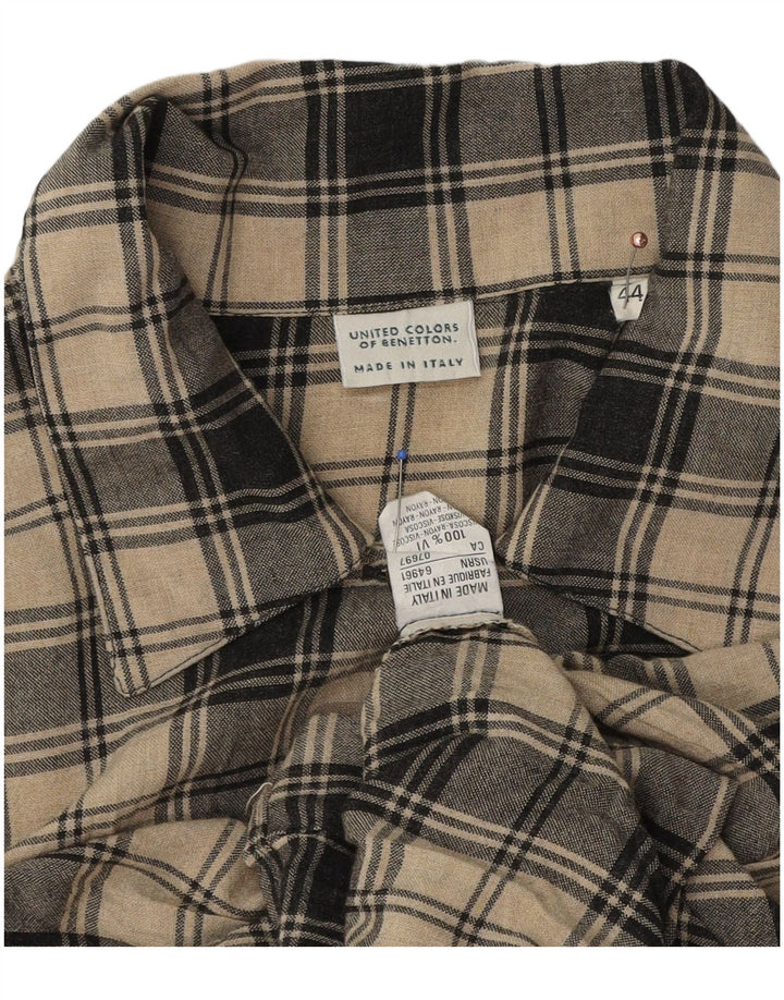 Benetton Womens Shirt IT 44 Medium Beige Plaid Viscose