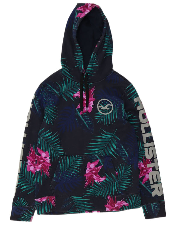 HOLLISTER Mens Graphic Hoodie Jumper Medium Navy Blue Floral Cotton