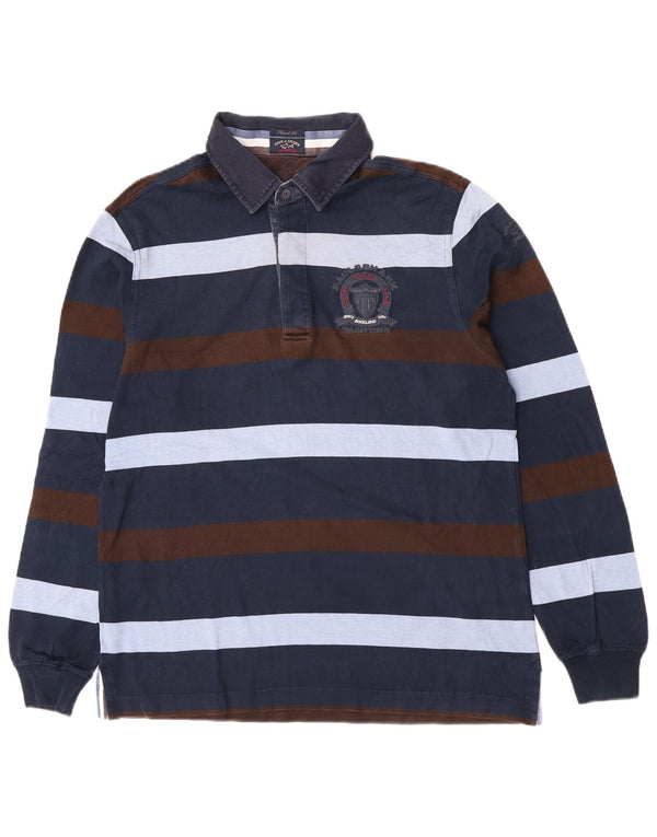 Paul & Shark Mens Long Sleeve Polo Shirt Large Navy Blue Striped Cotton