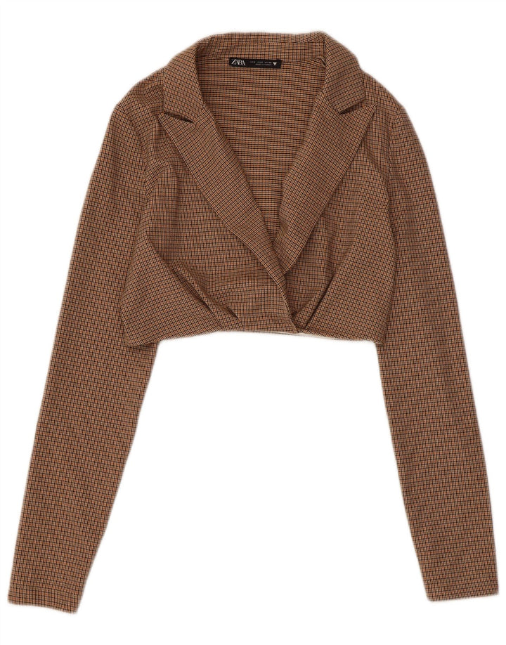 Zara Womens Crop Blazer Jacket UK 10 Small Brown Check Polyester