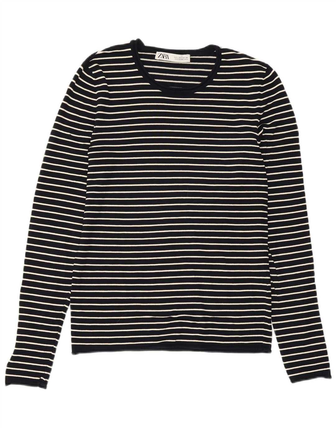 ZARA Womens Crew Neck Jumper Sweater UK 14 Large Navy Blue Striped Viscose