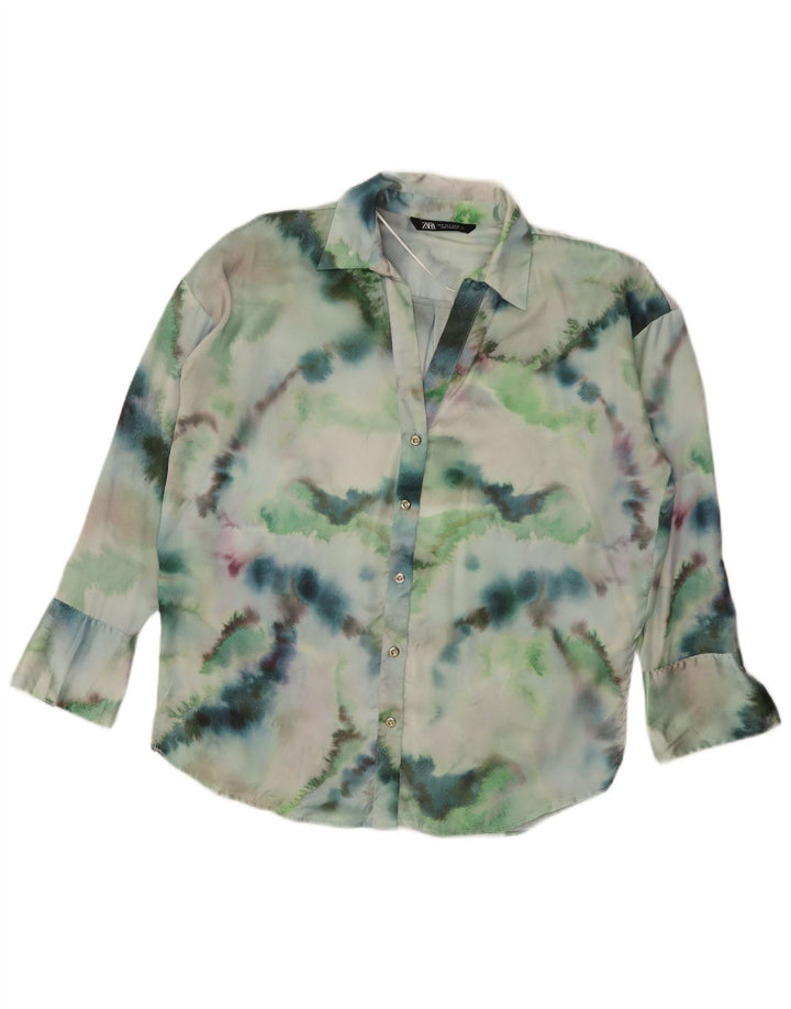 Zara Womens Oversized Shirt Blouse UK 14 Medium Green Tie Dye Polyester