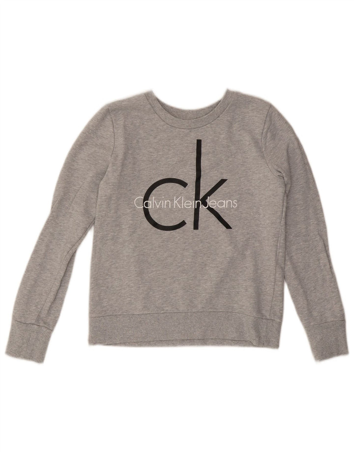 CALVIN KLEIN JEANS Womens Crop Graphic Sweatshirt Jumper UK 10 Small Grey