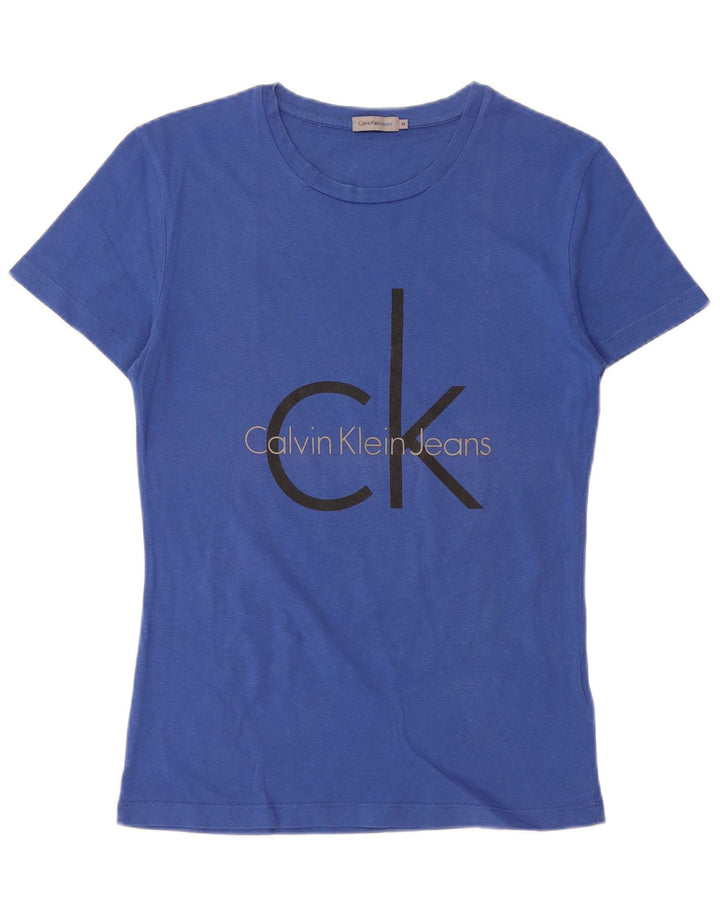 CALVIN KLEIN JEANS Womens Graphic T-Shirt Top UK 12 Medium Blue Cotton