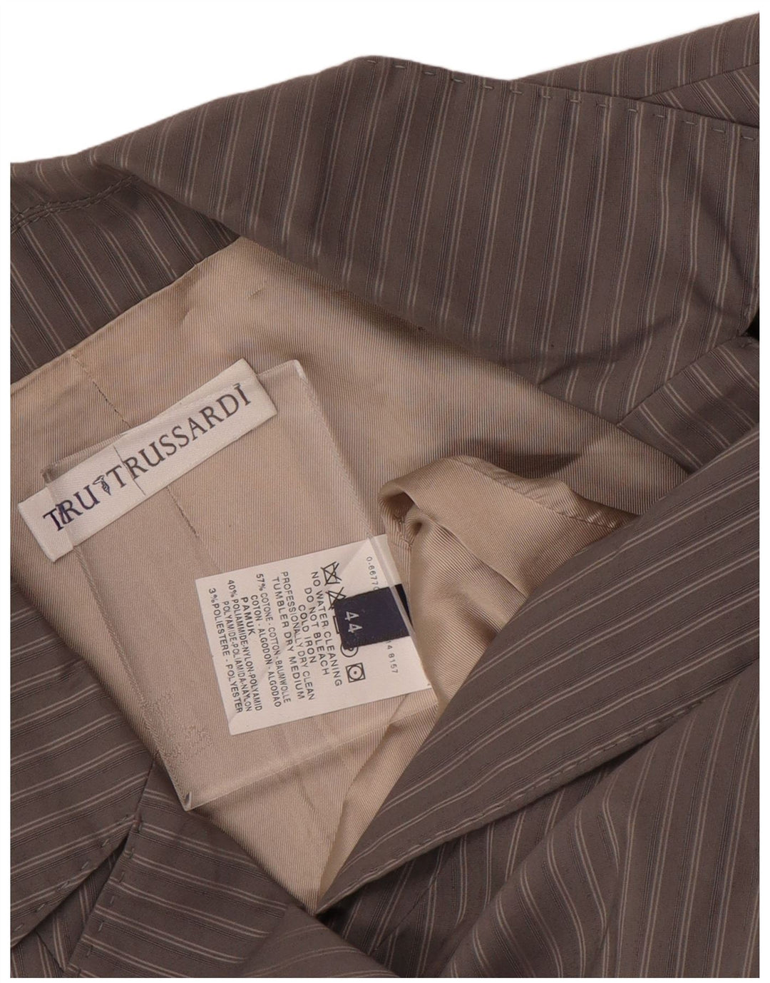 TRUSSARDI Womens 2 Button Blazer Jacket IT 44 Medium Grey Pinstripe Cotton