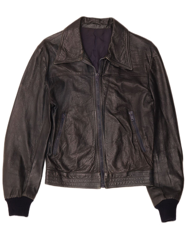 Vintage Womens Leather Jacket IT 52 2XL Navy Blue