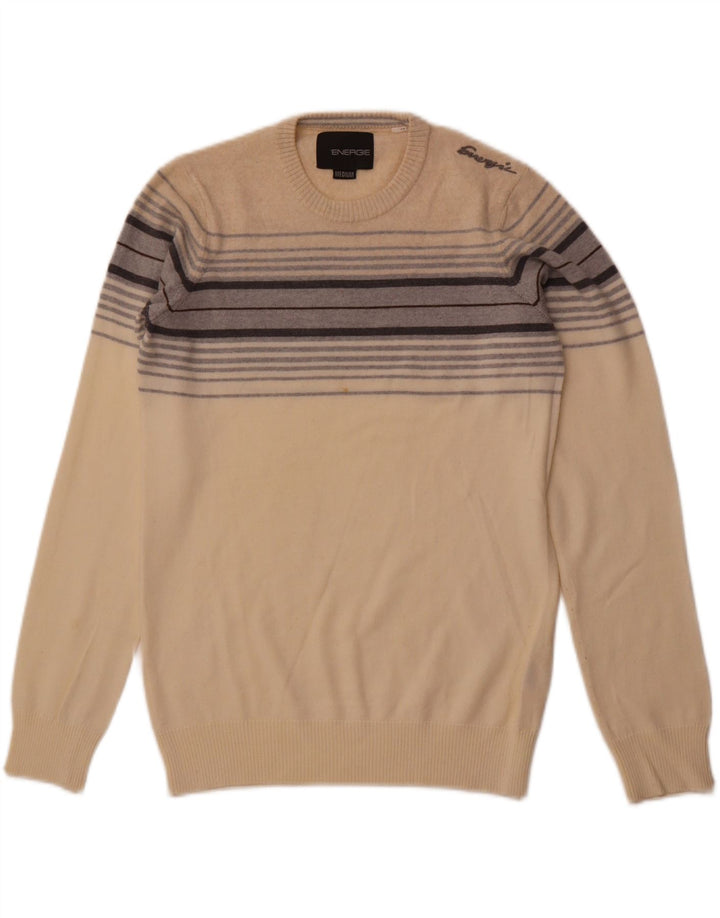 ENERGIE Mens Crew Neck Jumper Sweater Medium Beige Striped