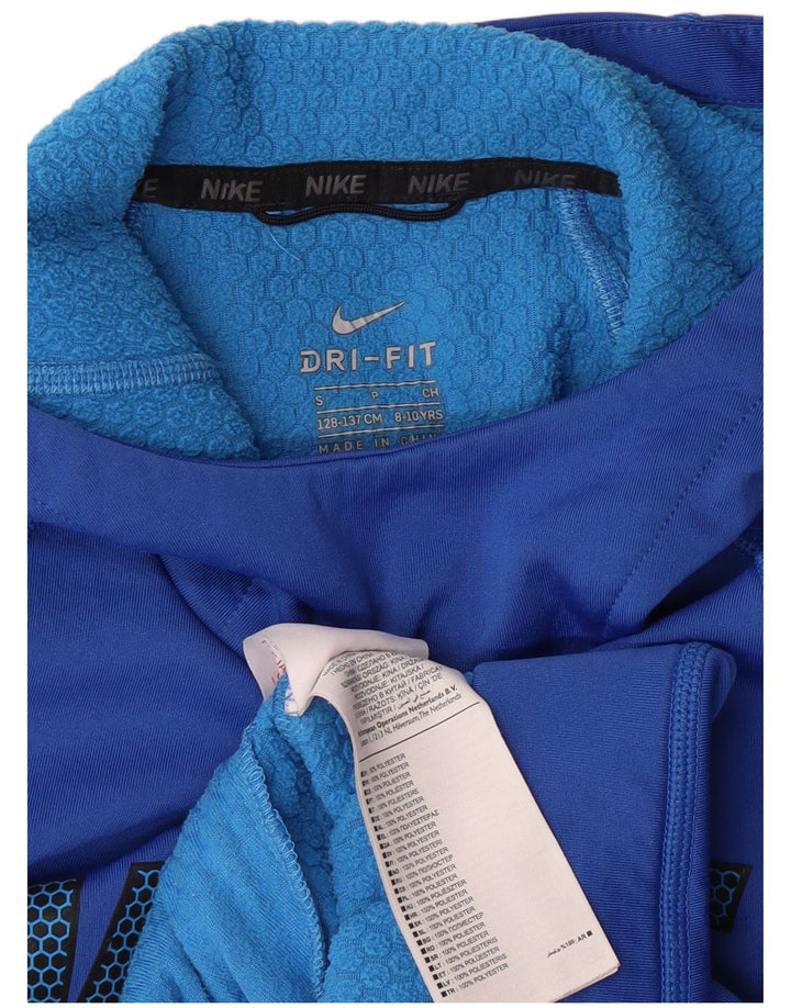 NIKE Boys Dri Fit Graphic Hoodie Jumper 8-9 Years Small Blue Polyester