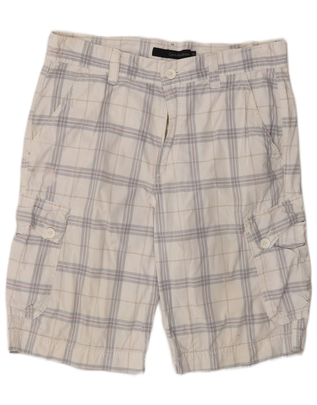 CALVIN KLEIN Mens Cargo Shorts W32 Medium White Check Cotton