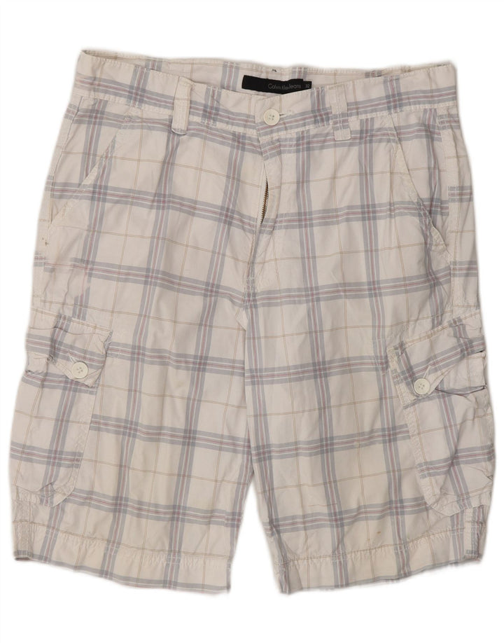 CALVIN KLEIN Mens Cargo Shorts W32 Medium White Check Cotton