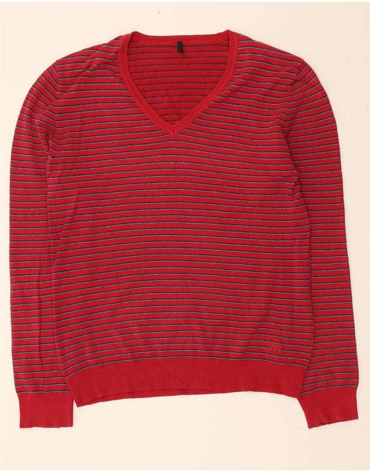 BENETTON Mens V-Neck Jumper Sweater Large Red Striped Vintage Benetton and Second-Hand Benetton from Messina Hembry 