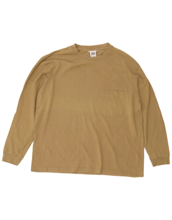 Zara Mens Top Long Sleeve XL Beige Cotton