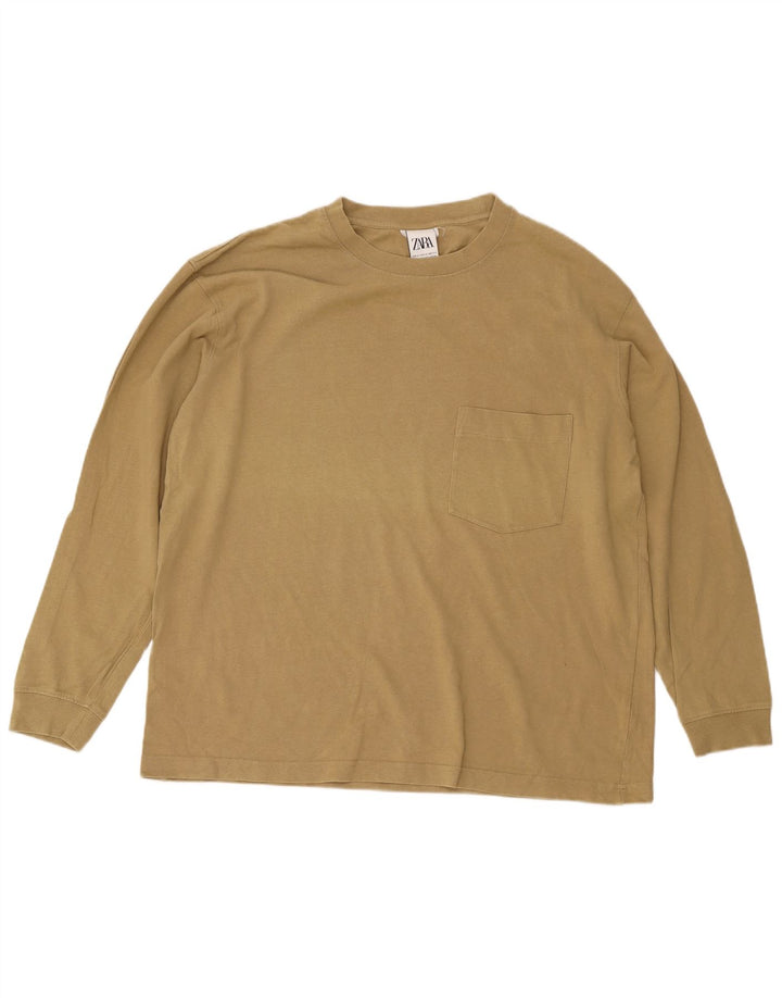 Zara Mens Top Long Sleeve XL Beige Cotton