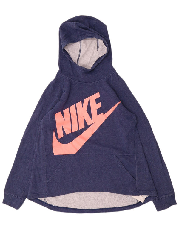 Nike Girls Graphic Hoodie Jumper 13-14 Years XL Navy Blue Cotton