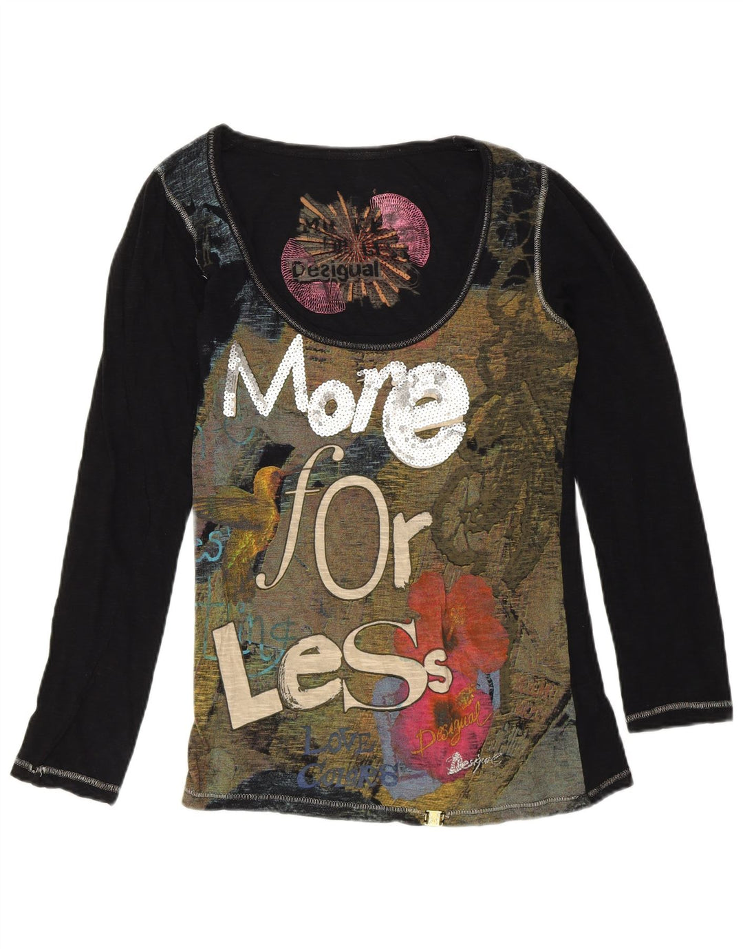 DESIGUAL Womens Graphic Top Long Sleeve UK 12 Medium Black Designer