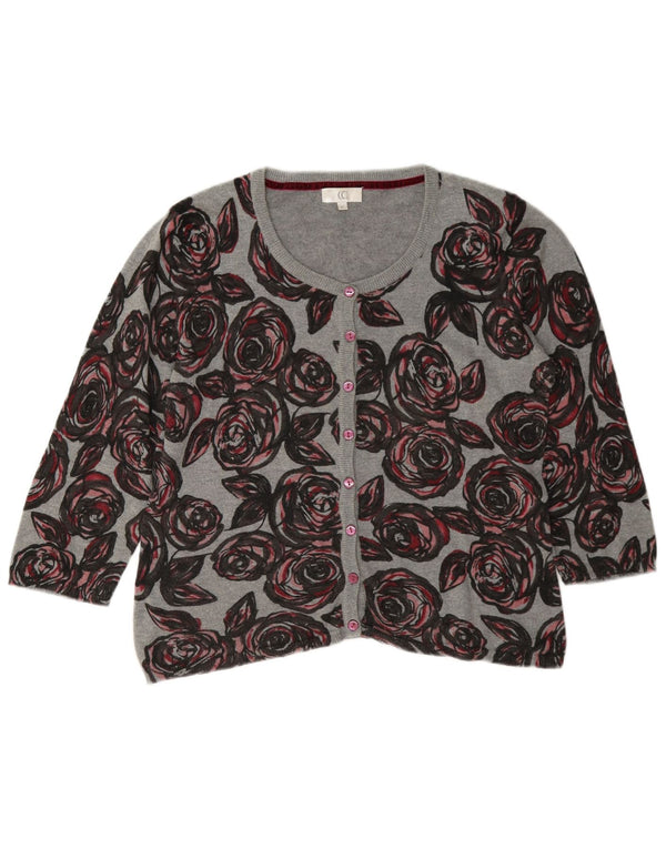 CC Womens Crop 3/4 Sleeve Cardigan Sweater UK 14 Medium Grey Floral Cotton