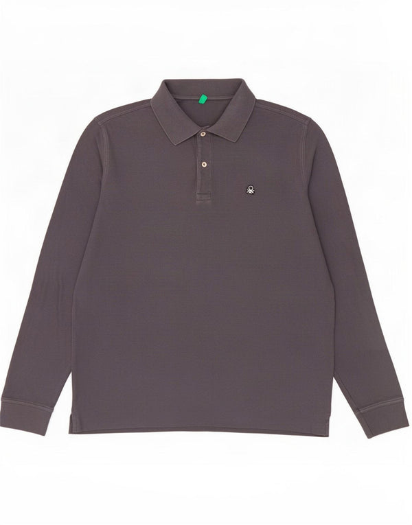 Benetton Mens Long Sleeve Polo Shirt Large Navy Blue Cotton