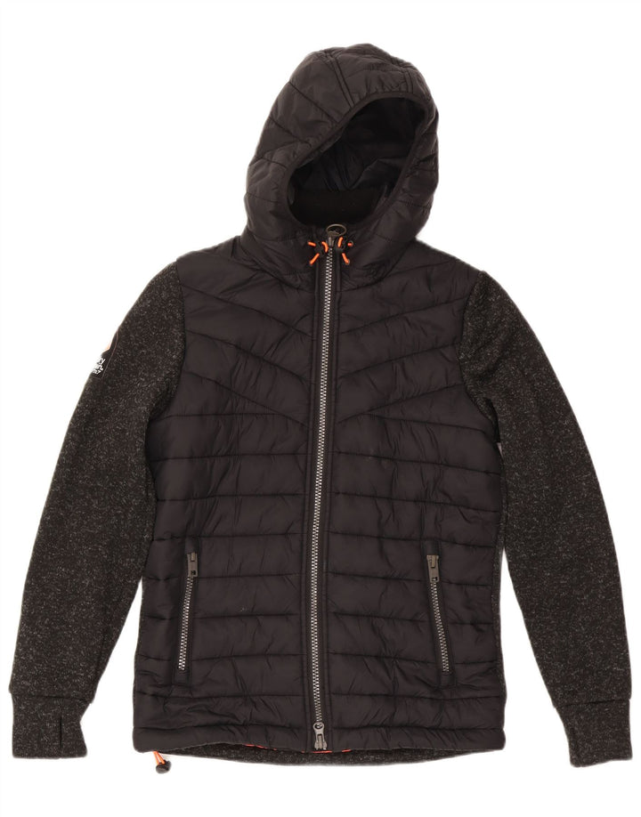 Superdry Womens Hooded Padded Jacket UK 14 Medium Black Flecked Polyester