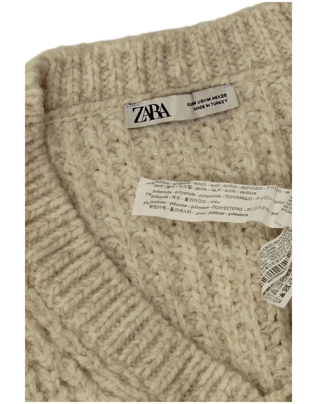 Zara Womens Oversized V-Neck Jumper Sweater UK 14 Medium Beige Acrylic
