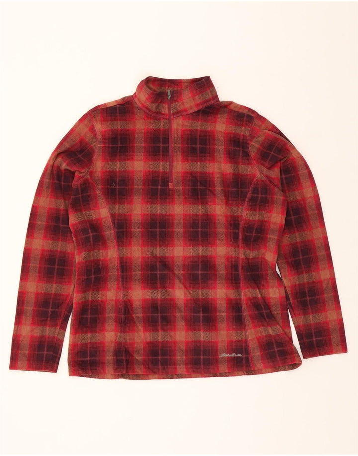 EDDIE BAUER Womens Zip Neck Fleece Jumper UK 16 Large Red Check Polyester Vintage Eddie Bauer and Second-Hand Eddie Bauer from Messina Hembry 