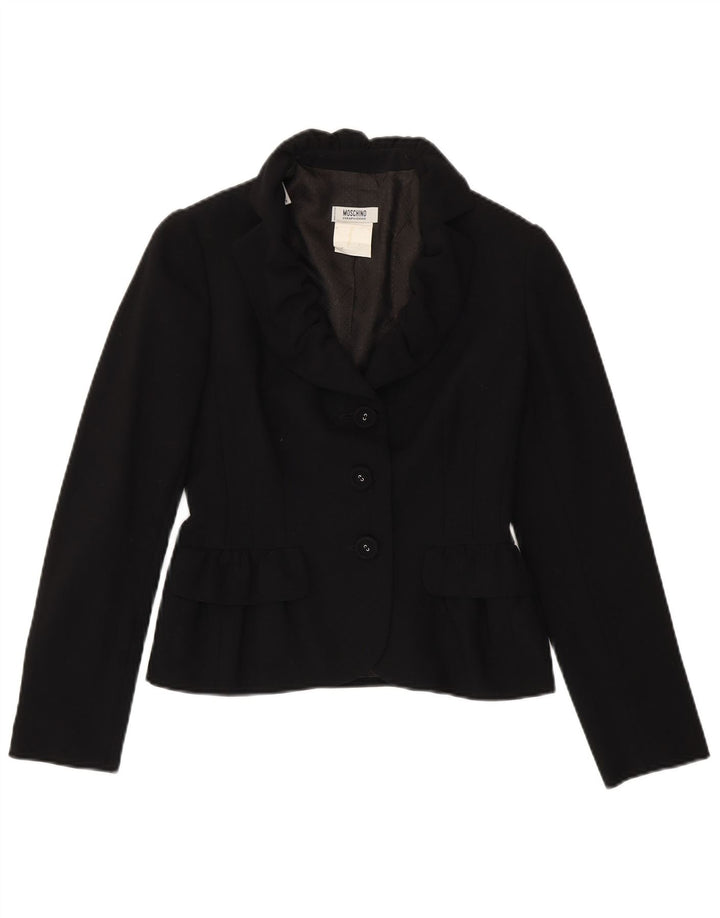 MOSCHINO Womens Crop 3 Button Blazer Jacket UK 10 Small Black Wool Classic