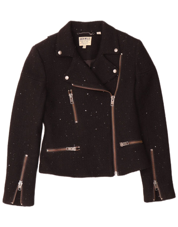 Jack Wills Womens Biker Jacket UK 12 Medium Black Flecked Wool