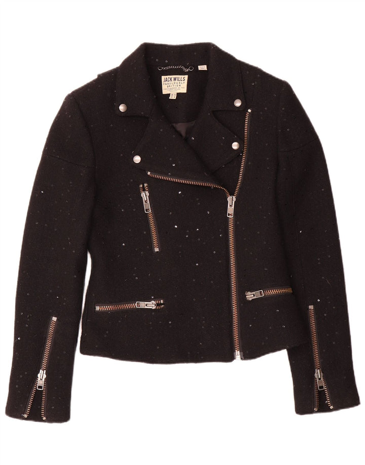 Jack Wills Womens Biker Jacket UK 12 Medium Black Flecked Wool