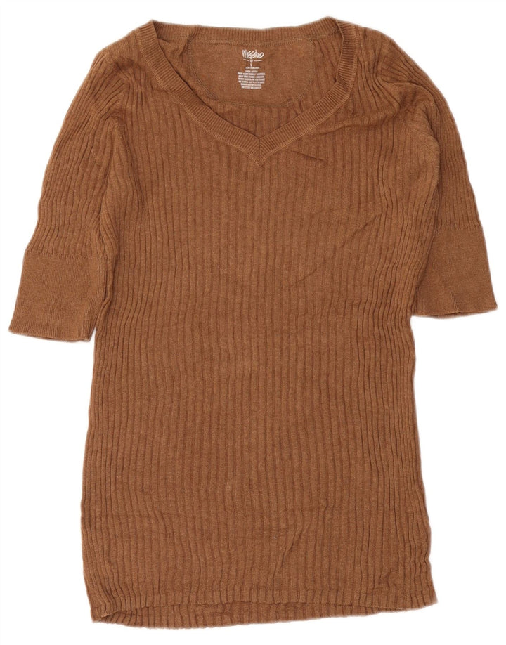 MOSSIMO Womens Short Sleeve V-Neck Jumper Sweater UK 14 Large Brown Cotton