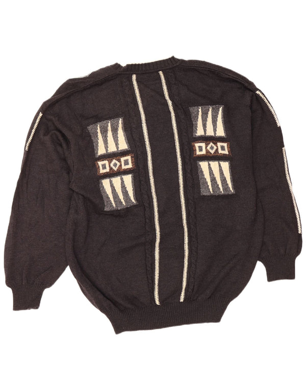 UMBERTO BILANCIONI Mens V-Neck Jumper Sweater 2XL Grey Geometric Wool