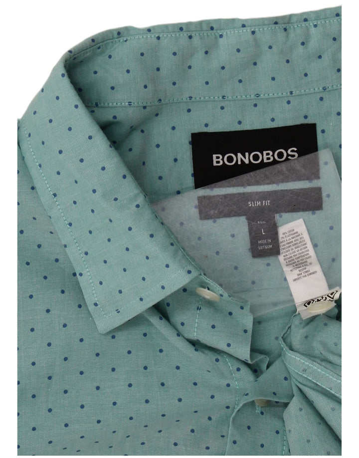 BONOBOS Mens Short Sleeve Slim Fit Shirt Large Blue Polka Dot Cotton